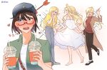  2girls blonde_hair blush brown_hair cup disposable_cup dress drink glasses hands_on_own_face hat heart heterochromia holding holding_drink kamikoshi_sorawo multiple_girls multiple_views nishina_toriko straw_hat urasekai_picnic white_dress yabooo_2000 