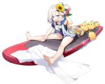  1girl azur_lane bare_arms barefoot blue_eyes blue_hair bracelet byulzzi collarbone day feet flower full_body hair_flower hair_ornament highres jewelry legs libeccio_(azur_lane) libeccio_(beachbound_southwestern_wind!)_(azur_lane) lighthouse manjuu_(azur_lane) multicolored_hair official_art open_mouth salute school_swimsuit shore short_hair silver_hair sitting sky smile sunflower sunflower_hair_ornament surfboard swimsuit toes towel transparent_background 