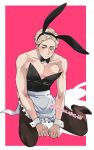  1boy :t alternate_costume animal_ears apron bare_shoulders black_legwear black_leotard blonde_hair blush bow bowtie bunny_ears clenched_hand crossdressing detached_collar fake_animal_ears haikyuu!! high_heels highres kakan_king leotard male_focus male_playboy_bunny miya_atsumu multicolored_hair pectorals short_hair sitting solo strapless strapless_leotard tearing_up twitter_username two-tone_hair waist_apron wrist_cuffs 