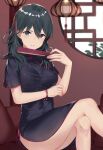  1girl alternate_costume bangs black_dress black_hair blue_eyes blurry blurry_foreground bracelet breasts byleth_(fire_emblem) byleth_(fire_emblem)_(female) china_dress chinese_clothes closed_fan commentary_request crossed_legs dress fan fire_emblem fire_emblem:_three_houses folding_fan hair_between_eyes hand_up haru_(nakajou-28) highres holding holding_fan indoors jewelry large_breasts long_hair looking_at_viewer parted_lips shiny shiny_skin short_sleeves side_slit sidelocks sitting solo thighs 
