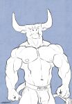  abs anthro balls_outline barazoku biceps bovid bovine bulge butt cattle clothing dot_eyes fist forearms frown genital_outline hi_res horn jockstrap looking_at_viewer male mammal muscular muscular_anthro muscular_male navel nipples obliques papyreit pecs penis_outline solo tail_tuft text tuft underwear 