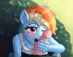  2021 absurd_res anthro blush duo equid equine erection female folo_focus friendship_is_magic genitals hasbro hi_res human human_on_anthro interspecies irisarco licking male male/female mammal my_little_pony one_eye_closed oral penile penis penis_lick rainbow_dash_(mlp) sex tongue tongue_out 