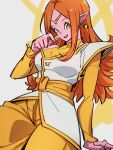  1girl arm_at_side arm_support bangs breasts chronoa colored_skin cowboy_shot diadem dragon_ball dragon_ball_heroes dragon_ball_xenoverse earrings eyelashes fingernails gold_diadem grey_background hand_up happy jewelry kemachiku large_breasts long_hair looking_at_viewer obi open_mouth orange_hair pants pink_skin potara_earrings sash shoulder_pads simple_background smile solo spiked_hair teeth upper_teeth yellow_eyes yellow_pants yellow_sash 