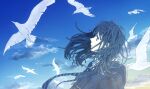  1girl bangs blue_hair blue_jacket blue_sky blue_theme cloud cloudy_sky floating_hair highres jacket long_hair necktie original profile sky solo striped striped_neckwear upper_body white_bird yutsukidayo 