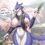  &lt;3 1:1 2021 absurd_res anthro armwear big_breasts black_sclera breasts canid canine canyne capcom clothing coolryong detached_sleeves dialogue digital_media_(artwork) english_text exposed_breasts eyelashes female fluffy fluffy_ears fluffy_tail fur genitals hi_res knife looking_at_viewer mammal monster_hunter monster_hunter_rise multicolored_body multicolored_fur neck_tuft nipples object_in_mouth palamute pussy scarf screencap screencap_background scroll sharp_teeth signature snout solo speech_bubble teeth text thick_thighs tuft video_games weapon yellow_eyes 