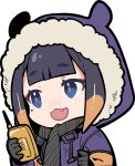  1girl alternate_costume bangs black_gloves black_scarf blue_eyes chibi drawstring eyebrows_visible_through_hair fang gloves hololive hololive_english ninomae_ina&#039;nis ninomae_ina&#039;nis_(artist) open_mouth parka purple_hair scarf talking_on_phone tentacle_hair walkie-talkie 