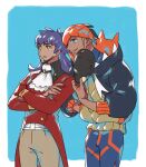  2boys bangs baseball_cap black_hair black_headwear black_hoodie blue_eyes commentary_request cravat crossed_arms dark_skin dark_skinned_male earrings facial_hair gym_leader hand_in_pocket hat holding holding_clothes holding_hand holding_hat hood hoodie jewelry leon_(pokemon) long_hair long_sleeves male_focus multiple_boys orange_headwear pants parted_lips pokemon pokemon_(game) pokemon_swsh purple_hair raihan_(pokemon) shorts side_slit side_slit_shorts smile suruga_dbh tailcoat undercut white_neckwear yellow_eyes 