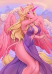  2021 5_fingers anthro big_breasts breasts clothed clothing day detailed_background digital_media_(artwork) equid equine eyebrows eyelashes feathered_wings feathers female fingers fur hair hi_res horn looking_at_viewer mammal margony orange_hair outside pink_body pink_eyes pink_feathers pink_fur sky smile solo winged_unicorn wings 