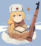  1girl bangs blonde_hair blue_background blue_eyes bolt_action breasts chicken_nuggets cleavage cleavage_cutout clothing_cutout commentary fur_hat girls_frontline gloves gun hair_between_eyes hair_tie hat highres kion-kun large_breasts long_hair mod3_(girls_frontline) mosin-nagant mosin-nagant_(girls_frontline) rifle solo twitter_username upper_body ushanka weapon 