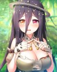 1girl bare_shoulders black_hair blurry blurry_background blush breasts collar detached_sleeves eyebrows_visible_through_hair fingers_together forest game_cg hair_between_eyes halo hands_over_breasts heterochromia huge_breasts looking_at_viewer moon_(ornament) nature open_mouth orb pangu_(phantom_of_the_kill) phantom_of_the_kill red_eyes sun_symbol torn_clothes yellow_eyes yin_yang yin_yang_orb 
