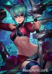  1girl animal_ears aqua_hair arrow_(projectile) artist_name blue_eyes bow_(weapon) copyright_request cowboy_shot hair_between_eyes hair_ornament hairclip holding holding_bow_(weapon) holding_weapon long_sleeves medium_hair midriff navel neoartcore smile solo weapon 