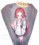  1girl bare_legs blue_archive blush commentary_request covering_mouth forehead halo highres inside_locker jacket locker long_hair looking_at_viewer purple_eyes red_hair simple_background solo standing tears white_background yuzu_(blue_archive) 