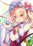  1girl :d adapted_costume ascot bangs bare_shoulders blonde_hair blurry blurry_foreground blush bow choker claw_pose crystal depth_of_field detached_sleeves earrings eyebrows_visible_through_hair fang feet_out_of_frame flandre_scarlet frilled_shirt_collar frills gradient gradient_background hair_between_eyes hand_on_own_knee hand_up hat hat_bow highres jewelry knees_up looking_at_viewer mizurapi mob_cap nail_polish one_side_up open_mouth petticoat pointy_ears puffy_short_sleeves puffy_sleeves red_bow red_choker red_eyes red_nails red_skirt red_vest short_hair short_sleeves simple_background skin_fang skirt smile solo thighhighs touhou tsurime vest white_headwear white_legwear wings wrist_cuffs yellow_neckwear 