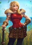  1girl abs arm_warmers armor astrid_hofferson blonde_hair blue_eyes blue_sky braid breasts bush closed_mouth covered_abs cowboy_shot day fur_trim hair_over_shoulder hand_on_hip headband horizon how_to_train_your_dragon long_hair looking_at_viewer medium_breasts motion_blur neoartcore o-ring ocean outdoors patreon_username red_lips red_shirt shirt shoulder_armor single_braid skull sky smile solo toned watermark 