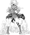  1girl animal_ear_fluff animal_ears arknights bandaged_hands bandages chain clothes_around_waist dust dust_cloud flame_print greyscale hair_over_one_eye hatching_(texture) highres jacket jacket_around_waist monochrome moto_toshi open_mouth short_hair single_thighhigh solo striped striped_clothes teeth thighhighs 
