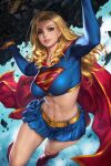  1girl abs blonde_hair blue_eyes blue_skirt boots breasts cape crop_top dc_comics large_breasts long_hair long_sleeves midriff navel neoartcore parted_lips patreon_username pleated_skirt red_cape red_footwear rock shadow skirt solo supergirl superhero superman_(series) watermark yellow_belt 