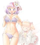  2girls arnest bangs bikini blonde_hair blush bow breasts closed_eyes commission eyebrows_visible_through_hair fairy_wings flower full-face_blush hair_bow hair_flower hair_ornament hieda_no_akyuu large_breasts multiple_girls navel open_mouth purple_bikini purple_eyes purple_hair short_hair side-tie_bikini skeb_commission smile sunny_milk swimsuit touhou two_side_up untied untied_bikini white_background wings 