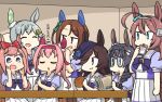  6+girls agnes_digital_(umamusume) ahoge animal_ears black_hair blue_eyes book braid brown_eyes brown_hair character_request closed_eyes dress ear_covers eating eyebrows_visible_through_hair food glasses grey_hair hair_ornament hairclip hamu_koutarou hands_together haru_urara_(umamusume) hat highres holding holding_book holding_food horse_ears horse_girl king_halo_(umamusume) mihono_bourbon_(umamusume) multiple_girls open_mouth pink_hair puffy_short_sleeves puffy_sleeves rice_shower_(umamusume) sailor_collar sailor_dress school_uniform seiun_sky_(umamusume) short_sleeves side_braid skirt sweatdrop table tracen_school_uniform translation_request umamusume white_skirt zenno_rob_roy_(umamusume) 