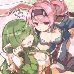  2girls :d ^_^ alynna_(p&amp;d) animal_ears armored_boots bangs bent_over blue_jacket boots breasts bunny_ears character_request cleavage closed_eyes closed_mouth eyebrows_visible_through_hair green_hair hand_up highres jacket knee_boots kuuron_(moesann17) long_hair long_sleeves medium_breasts multiple_girls open_mouth pants pink_hair pointy_ears puzzle_&amp;_dragons red_hair smile translation_request v-shaped_eyebrows white_pants 