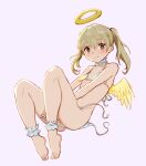  1girl angel angel_wings anklet artoise ass bare_shoulders blonde_hair blush bra closed_mouth feet green_eyes halo jewelry lingerie long_hair looking_at_viewer maka_albarn panties simple_background smile solo soul_eater twintails underwear untied wings 