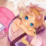  1boy blonde_hair blue_eyes blush covering_mouth highres kagamine_len korpokkur_kne looking_at_viewer paper short_hair sitting solo vocaloid yellow_nails 