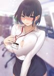  1girl bangs blue_eyes blurry blurry_background blush breasts button_gap cleavage closed_mouth collared_shirt covered_nipples dress_shirt highres id_card karinto_yamada lanyard large_breasts looking_to_the_side miniskirt office_lady original shirt short_hair skirt white_shirt 
