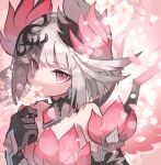  1girl bangs bare_shoulders black_gloves character_request covered_mouth dress eyebrows_visible_through_hair flower gloves grey_hair hand_up highres holding holding_flower kuuron_(moesann17) looking_at_viewer petals pink_dress pink_eyes puzzle_&amp;_dragons see-through solo upper_body veil white_flower 