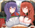  2girls archstreal azur_lane beret breasts capelet cleavage cloak closed_mouth cup drinking_glass eyebrows_visible_through_hair food hat highres huge_breasts italian_flag large_breasts long_hair looking_at_viewer multiple_girls pizza pola_(azur_lane) purple_hair red_eyes red_hair selfie smile table uniform wine_glass yellow_eyes zara_(azur_lane) 