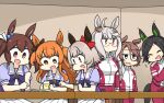  6+girls ahoge animal_ears black_hair blue_eyes brown_eyes brown_hair character_request closed_eyes dress ear_ribbon glasses grey_hair hamu_koutarou highres horse_ears horse_girl horse_tail long_hair multiple_girls open_mouth puffy_short_sleeves puffy_sleeves purple_shirt sailor_collar sailor_dress school_uniform shirt short_hair short_sleeves skirt table tail tracen_school_uniform twintails umamusume white_skirt 