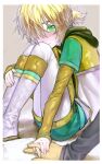  1boy blonde_hair blush boots green_eyes highres holding_hands hood hood_down kagamine_len knees_up korpokkur_kne long_sleeves project_diva_(series) short_over_long_sleeves short_sleeves sitting smile vocaloid white_footwear 