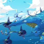  air_bubble artist_name bubble closed_mouth cloud day designer_ojisan from_side gen_1_pokemon gen_2_pokemon gen_3_pokemon highres horsea huntail kingdra luvdisc no_humans outdoors partially_underwater_shot pokemon pokemon_(creature) red_eyes sharpedo sky water_drop watermark 