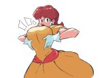  :o annoyed bangs blue_eyes breast_lift breasts brown_hair dress earrings flower_earrings gloves hair_behind_ear jewelry large_breasts mario_(series) medium_hair open_mouth plow_(mrplow34) princess princess_daisy v-shaped_eyebrows white_background white_gloves yellow_dress 
