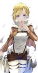  1girl absurdres annie_leonhardt bangs belt blonde_hair blue_eyes brown_jacket cowboy_shot emblem hand_up highres holding hood hood_down hoodie jacket long_sleeves looking_at_viewer open_clothes open_jacket open_mouth paradis_military_uniform r_(ryo) shingeki_no_kyojin short_hair solo sword thigh_strap three-dimensional_maneuver_gear uniform upper_teeth weapon white_hoodie white_legwear 