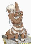  1girl absurdres barefoot bdsm bondage bound chain chained cuffs dark_skin dark_skinned_female feet guangmi guilty_gear guilty_gear_xrd handcuffs highres long_hair looking_at_viewer looking_back no_bra orange_eyes platinum_blonde_hair ramlethal_valentine restrained shackles stationary_restraints tan white_hair 