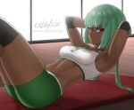  1girl armpits arms_behind_head bangs bra breasts cslucaris dark_skin dark_skinned_female emerald_sustrai eyebrows_visible_through_hair glasses green_hair green_shorts indoors looking_at_viewer midriff navel over-rim_eyewear red-framed_eyewear red_eyes rwby semi-rimless_eyewear shiny shiny_hair short_hair_with_long_locks short_shorts shorts sideboob signature small_breasts solo sports_bra stomach sweat twintails underwear watermark web_address white_bra 