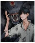  0ctter 1boy arm_up bangs black_background black_hair blue_eyes border closed_mouth collarbone hair_between_eyes jujutsu_kaisen looking_at_viewer monster okkotsu_yuuta one-eyed open_mouth orimoto_rika partially_unbuttoned sharp_teeth shirt short_hair teeth upper_body white_border white_shirt 