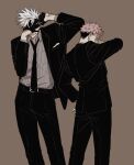  2boys arm_up black_hair black_jacket black_neckwear black_pants black_suit brown_background collared_shirt covering_eyes cowboy_shot dress_shirt facial_mark facing_viewer formal gloves gojou_satoru grey_shirt grin half_gloves itadori_yuuji jacket jujutsu_kaisen kagami_ei long_sleeves male_focus multiple_boys necktie pants pink_hair pinstripe_pattern pinstripe_shirt shirt short_hair simple_background smile spiked_hair standing striped undercut white_hair 