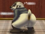  amateurcooper anthro anus badger balls bottomless bottomless_male butt clothed clothing dialogue genitals grady looking_at_viewer looking_back male mammal mascot motion_lines mustelid musteline presenting presenting_anus presenting_hindquarters solo speech_bubble suit 
