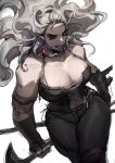  1girl abs artist_request axe blonde_hair breasts corset dorohedoro earrings gloves highres jewelry large_breasts long_hair looking_at_viewer muscular muscular_female navel noi_(dorohedoro) red_eyes simple_background smile solo white_hair 