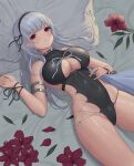  1girl armlet ass_visible_through_thighs azur_lane baeg_mi bangs bare_shoulders bed_sheet black_hairband black_ribbon black_swimsuit blunt_bangs blush breasts casual_one-piece_swimsuit closed_mouth clothing_cutout collarbone covered_navel dido_(azur_lane) eyebrows_visible_through_hair flower hairband hibiscus highres large_breasts leaf long_hair looking_at_viewer lying on_back on_bed one-piece_swimsuit petals purple_eyes purple_flower ribbon silver_hair smile solo swimsuit thighs underboob underboob_cutout wrist_ribbon 