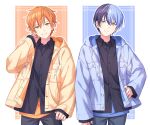  2boys absurdres aoyagi_touya black_shirt blue_hair closed_mouth collared_shirt cowboy_shot grey_eyes grey_pants hand_on_hip head_tilt highres hood hood_down hooded_jacket jacket looking_at_viewer male_focus mole mole_under_eye multicolored_hair multiple_boys orange_hair orange_jacket pants project_sekai purple_hair purple_jacket sekina shinonome_akito shirt smile standing two-tone_hair wing_collar yellow_eyes 