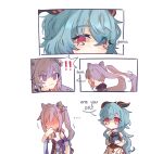  2girls absurdres ahoge bare_shoulders blue_hair blush braid bunsketches caught covering_mouth double_bun embarrassed faceless faceless_female ganyu_(genshin_impact) genshin_impact glance hair_bun hair_ornament hairclip highres horns keqing_(genshin_impact) looking_away multiple_girls purple_hair sweatdrop twintails yuri 