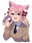  1girl :d animal_ear_fluff animal_ears blue_eyes blue_neckwear bow brown_sweater cat_ears chocolate collared_shirt cropped_torso food hair_between_eyes hair_bow hair_ornament hairclip hand_up heart highres holding holding_chocolate holding_food ikeuchi_tanuma long_hair looking_at_viewer necktie open_mouth original pink_hair red_bow shirt simple_background smile solo sweater upper_body white_background white_shirt wing_collar 