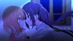  2girls blue_eyes blue_hair blurry blurry_background bow brown_hair character_name closed_mouth collared_shirt floating_hair gochuumon_wa_usagi_desu_ka? hoto_cocoa imminent_kiss long_hair long_sleeves multiple_girls open_mouth red_bow shiny shiny_hair shirt smile tawai tedeza_rize twintails very_long_hair white_shirt wing_collar yuri 