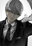  1boy absurdres alternate_costume bangs black_jacket black_neckwear btmr_game formal gloves grey_background highres jacket looking_at_viewer male_focus narukami_yuu necktie parted_lips persona persona_4 shirt silver_eyes silver_hair simple_background solo suit white_day white_gloves white_shirt 