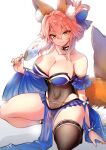  1girl animal_ear_fluff animal_ears bangs bare_shoulders blue_legwear blush breasts cleavage collarbone fate/extra fate_(series) fox_ears fox_girl fox_tail highres large_breasts long_hair looking_at_viewer pink_hair smile tail tamamo_(fate)_(all) tamamo_no_mae_(fate) wisespeak yellow_eyes 