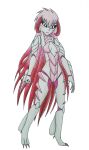  anthro black_sclera bovid caprine claws echo_(nikku_lunatique) exoskeleton facial_markings female hair head_markings hi_res horn humanoid long_hair mammal markings monster monstrous_humanoid nikku_lunatique pink_claws pink_eyes pink_hair scales sheep simple_background solo tier_(species) white_background white_body 