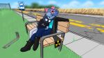  16:9 2021 accessory anthro atomic_cat atomic_cat_(character) belt bench blue_body blue_fur blue_hair blurred_background boots bottomwear breasts bus_sign clothed clothing denim denim_clothing domestic_cat duo embrace eyelashes eyewear felid feline felis female fence flower flower_in_hair footwear fully_clothed fur glasses grass hair hair_accessory hairclip hi_res holding_partner hoodie jeans leather leather_boots leather_clothing leather_footwear long_hair makeup male male/female mammal mascara metal metal_bar nonbinary_(lore) opaque_glasses outside pants plant public radiation_symbol resting road romantic_couple sam_(katsanarchist) scarf shirt sidewalk sign topwear trans_(lore) trans_woman_(lore) whiskers widescreen 