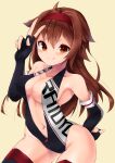  1girl asake_ameji beige_background black_gloves black_legwear black_leotard brown_eyes brown_hair character_name cowboy_shot fingerless_gloves gloves hair_flaps hairband kantai_collection leotard long_hair red_hairband remodel_(kantai_collection) shiratsuyu_(kancolle) simple_background solo thighhighs v zipper_pull_tab 