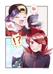  !? ^_^ ahoge backwards_hat blue_hair blush closed_eyes commission commissioner_upload couple engagement_ring ethan_(pokemon) fantasydolce gen_2_pokemon happy hat heart highres jacket pokemon proposal purple_eyes red_hair sneasel speech_bubble yaoi 